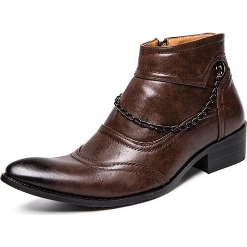 New Trendy Mens Pointed Toe Low Heel Side Zipper Western Cowboy Boots 2021 Fashion Youth Street High Top Leather Casual Shoes