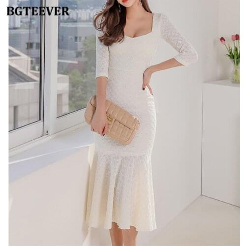 BGTEEVER New Spring Fashion Slim Female Mermaid Dress Square Collar Ladies Solid Vestidos Women Bodycon Midi Dresses 2021