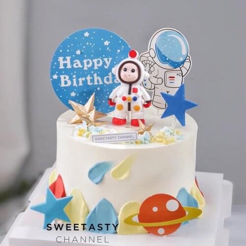 Universe Stars Rocket Astronaut Moon Happy Birthday Letter Decoration Cake Topper Dessert for Childrens Day Lovely Gifts