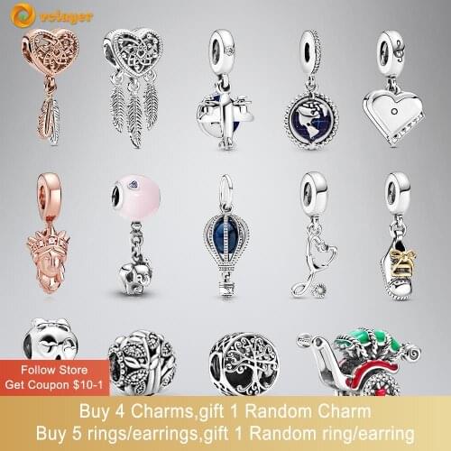 Volayer 925 Sterling Silver Beads Heart Feathers Dreamcatcher Traditional Rickshaw Charms fit Original Pandora Bracelets