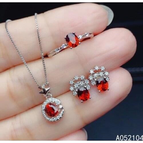 KJJEAXCMY fine jewelry 925 sterling silver inlaid natural garnet women trendy elegant gem Ring Pendant Earring Set Support detec