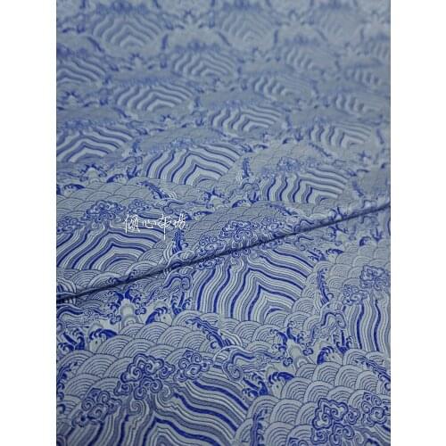 Brocade jacquard blue and white porcelain wave Satin silk fabric Satin de soie Satén шелк hanfu cloth DIY patchworkbag