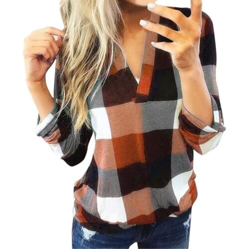 Fashion Casual Plaid Print Shirt Women Blouse Roll Up Long Sleeve V Neck Ladies Loose Button Lattice Print Blouse Wear Tops #F