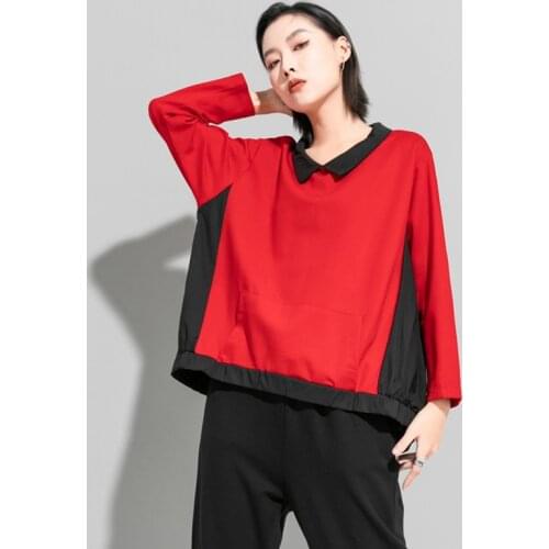 Spring Summer 2021 Newest Irregular Splicing Red Black T-Shirt Loose Large Size Zipper Casual Long Sleeve Women Top Dress