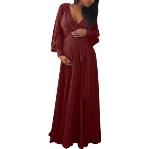 Women Pregnant Maternity Casual Maxi Dress V-neck Long Sleeve Solid Ruffles Frenulum Sexy Dress Loose Maternity Clothes Платье