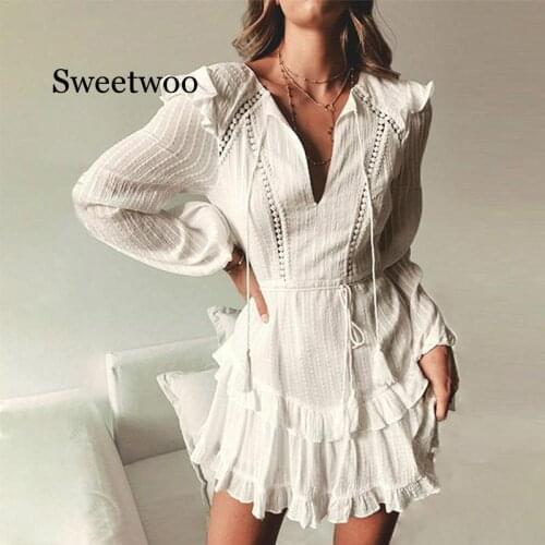 Women White Embroidery v neck ruffled long sleeve spring autumn dress 2020 elegant streetwear