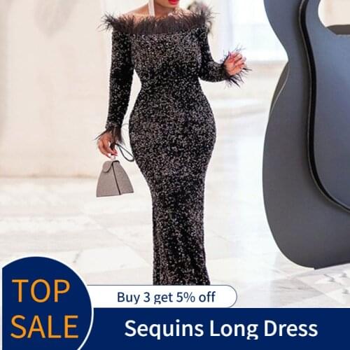 Autumn Long Women Party Dresses Sexy Sequinis Slash Neck Feather Elegant Female Dinner Dress Robe African Maxi Dress Vestiods