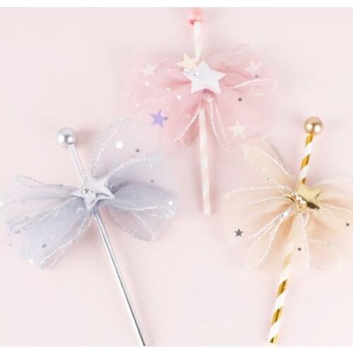 1 Pcs Fashion Bowknot Cupcake Toppers Lace Star Happy Birthday Cake Topper Sticks for Baby Shower Wedding Party Cake Decorations