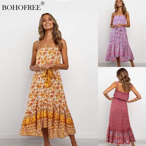 Bohemian Dresses Women Vestidos Spaghetti Strap Long Maxi Dress Casual Sleeveless Floral Print Boho Dress Female
