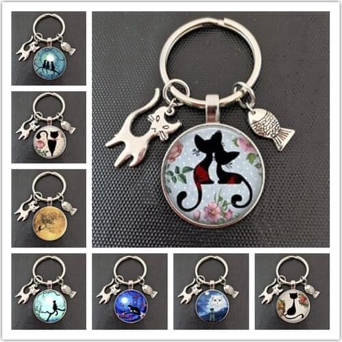 Blue Moon Keyring Galaxy Art Kitten Shabby Chic Cat Glass Cabochon Animal Keychain Ladies Jewelry