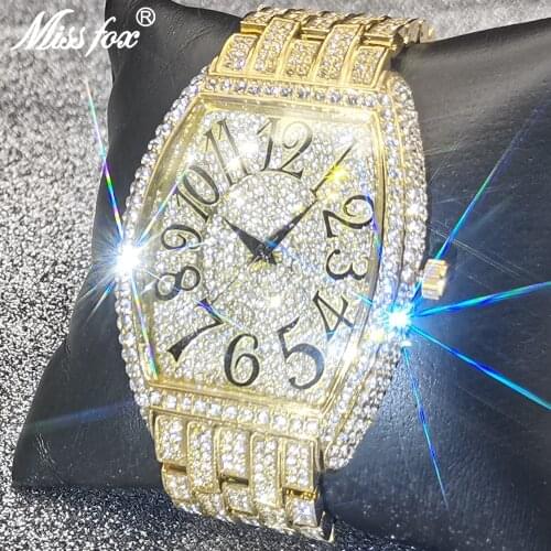 Top Luxury Brand MISSFOX Mens Watches Tonneau Big Dial Hip Hop Ice Out AAA Diamond 18K Gold Watch Waterproof Dive Dress Clocks