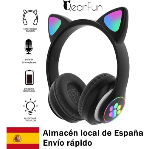 Spain local warehouse, cute cat ears kid Wireless headphones with mic & LED, Bluetooth cartoon girls music helmet, Fast Shipping