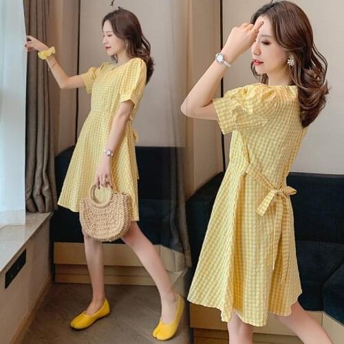 Cotton Yellow Plaid Maternity Nursing Breastfeeding Dress Summer 2020 New Fashion A-Line Dress clothes for pregnant women