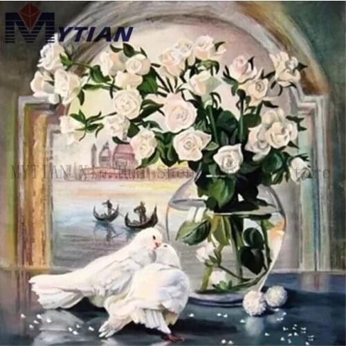 Doves,Window,White Flowers in Base,5D DIY Diamond Painting Art Kit Full Square Round Drills Mosaic Rhinestone Wall Sticker Gifts