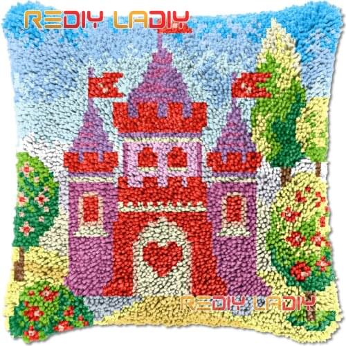 Latch Hook Cushion Cover Pink Castle Needlepoint Kits Chunky Acrylic Yarn Crocheting Pillow Case Arts & Crafts