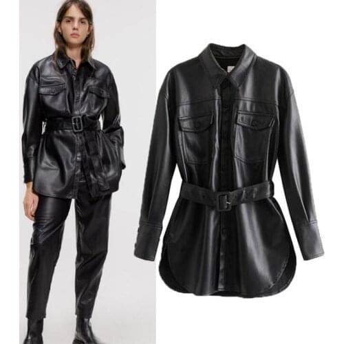 Fashion Women Autumn Winter Fake Faux Leather Long Jackets Lady Elegant Tie Belt Waist Pockets Buttons PU Street Coats A92802