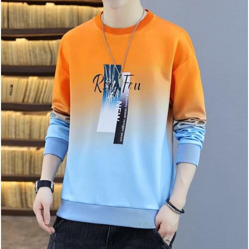 Ins Mens Autumn Thin Casual Hoodies Gradient Printed Spring Round Neck Sweatshirts Youth Fashion Tops Pullover Outwear Clothing