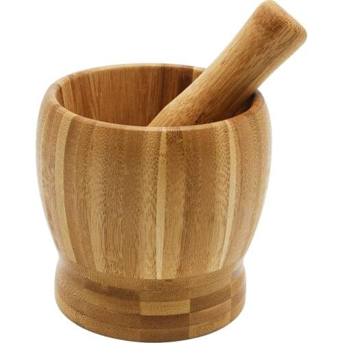 New Mortar And Pestle Set Bamboo Bowl Garlic Press Grinder Crusher For Guacamole Kitchen Pepper Garlic Pressing Bowl Convenient