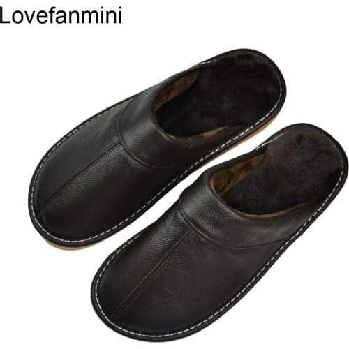 Genuine Cow Leather slippers couple indoor non-slip men women home fashion casual shoes PVC soft soles winter 402