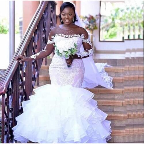 Best Selling Illsion Long Sleeves Mermaid African Wedding Gowns Court Train Tiered Layers Tulle Custommade Bridal Gowns