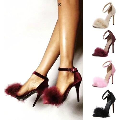 High Heels Summer Women Shoes Fur Women Pumps Stiletto Suede Women Heels Women Sandals Buckle Ladies Shoes Footwear Plus Size