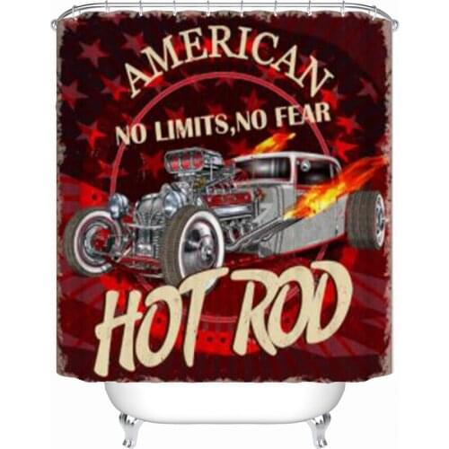 Vintage American Hot Rod Poster Shower Curtain Car Decor Curtain Fabric Bathroom Curtains With Hooks Waterproof Shower Curtains