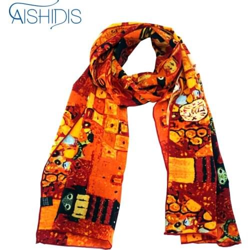 Womens 100% Silk Long Scarf Art Printing Hand Rolled Hems Works Gustav Klimts "Adele Bloch-Bauer I"