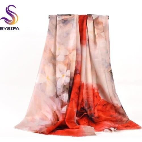 [BYSIFA] Winter Beige Red Wool Scarves Women Fashion Long Cashmere Wool Scarf Shawl New Design Flowers Scarves Capes 180*70cm