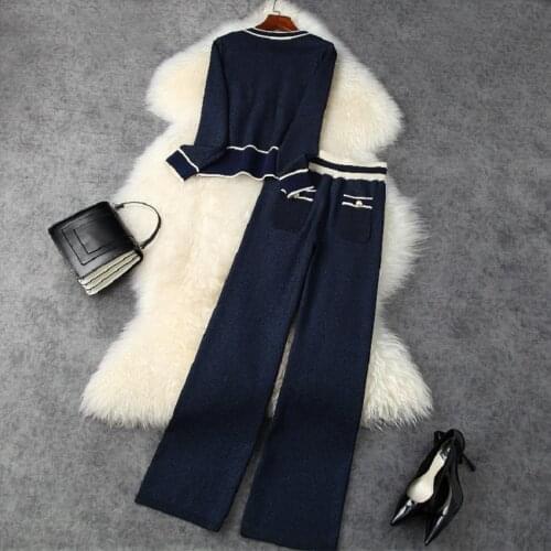 New autumn 2021 suit womens retro fashion Bright silk knitted cardigan top with loose wide leg pants two piece set trousers