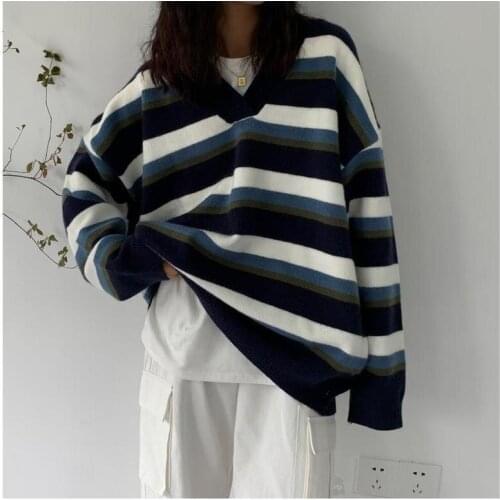 Stripe Jacquard V Neck Pullover Vintage Knit Sweater Women New Plus Size Tops Harajuku Female Fall Winter Sweaters England Style