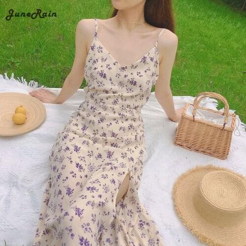 JuneRain French Retro V-Neck Strap Purple Floral Print Chiffon Dress Womem Vintage Sweet Midi Dress Split Casual Long Dress 2021