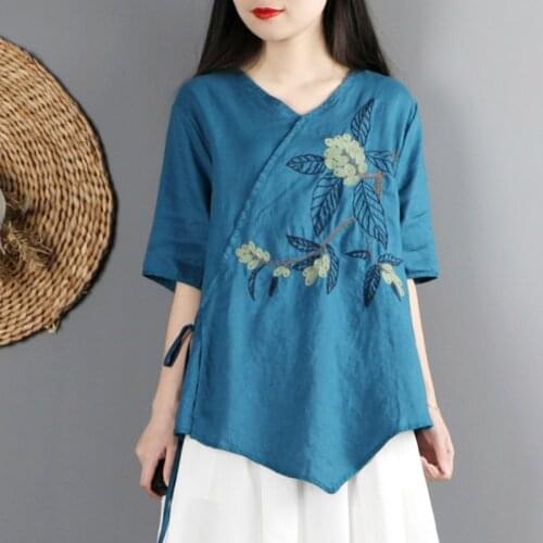 2021 Summer Chinese Traditional Women Clothing Hanfu Top Tang Suit Chinese Blouse Chinese Ancient V Neck Linen Shirts 31229