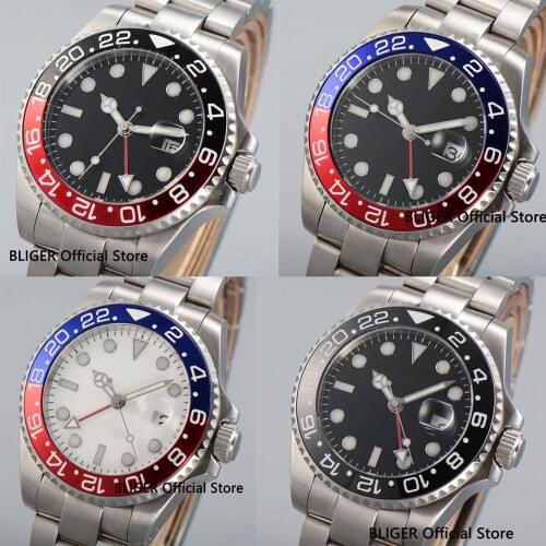 5 Models 43MM Nologo Red GMT Hand Automatic Mens Watch Auto Date Luminous Hand SS Strap