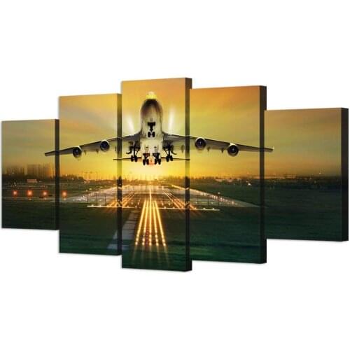 5 Panel Canvas Wall Art Commercial Airplane Take Off Picture Print Beautiful Airport Night Landscape Painting Drop Shipping