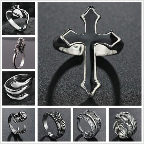 Vintage Black Big Cross Open Ring For Men Party Jewelry Women Trendy Gothic Metal Color Skull Feather Finger Ring Anillo
