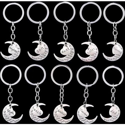 2pcs Mom/Dad/Daughter/Sister/Grandma/Grandpa/Brother/Uncle/Aunt/Son I Love you to the moon and back Key Ring Keyring Xmas Gift
