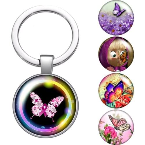 Beauty butterfly flowers glass cabochon keychain Bag Car key chain Ring Holder Charms silver color keychains for Men Women Gifts