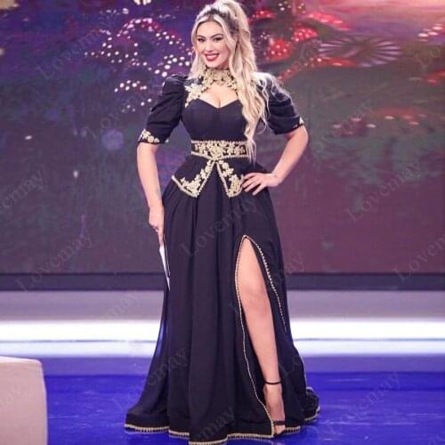 Black Caftan Muslim Evening Dresses 2021 High Slit Half Sleeves Prom Dresses Formal Party Gowns With Gold Lace Appliques