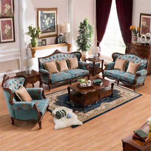 American style retro fabric sofa European style living room large family soft bag three person sofa solid wood garden fabric sof
