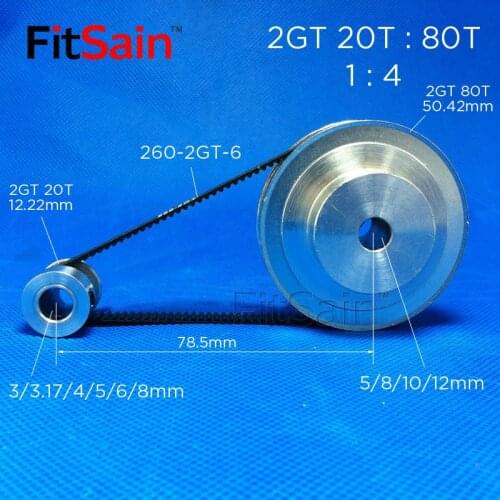 FitSain-2GT 20T:80T 1:4 Width 6mm aluminum alloy pulley reduction ratio drive synchronous wheel center hole 3.175/4/5/6/6.35/8