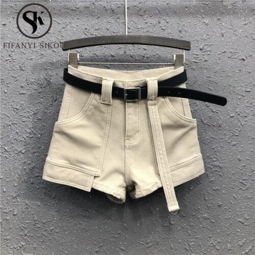 Khaki Denim Shorts Women Loose Plus Size High waist Jeans Shorts Female Summer High quality Wide leg Short Pants Jeans With Belt