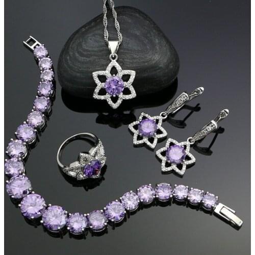 925 Silver Jewelry Kits For Women Wedding Gift Purple Cubic Zirconia Earrings Pendant Ring Bracelet Necklace Silver Sets