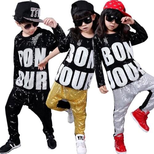 Girls Boys Sequins Modern Jazz Dance for Girl Outfits Tops Pants Ballroom Hip Hop Dancing Suit kids Stage wear Costumes Clothing