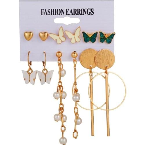 Summer Gift 6/9 Pairs Hoop Pearl Earring Set Fashion Gold Metal Enamel Butterfly Circle Geometric Earring Sets for Women Jewelry