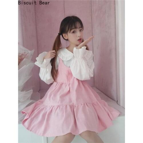 Japanese Style Kawaii Women Set Sweet Cute Girly Pink Doll Collar Vest Dress Lolita 2021 Autumn White Shirt Soft Girls Suit
