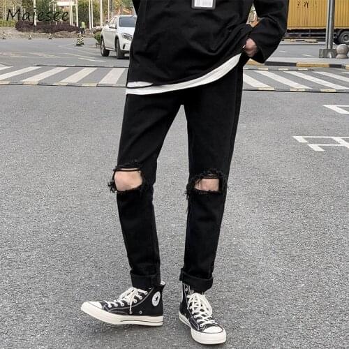 Men Jeans Solid Holes Plus Size 3XL Loose Daily Streetwear Students Hip Hop Korean Fashion Trendy Style Straight All-match Chic
