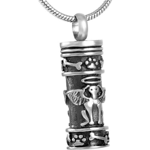IJD8188 Stainless Steel Cylinder Urn Charm Pendant Necklace for Memories Keepsake Men Pet Cremation Ashes-Dog Angel Urn Necklace