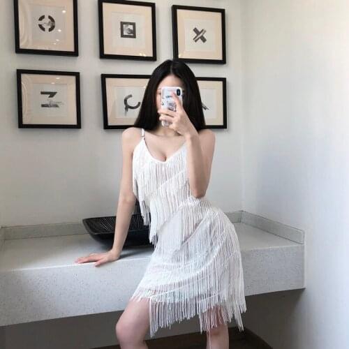 European Summer New Sexy V-neck Fringe Tassel Stitching Sequins Slim Bag Hip Sling Dresses Women Fashion Streetwear 2021