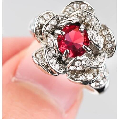 Luxury S925 Silver Plated Rose Flower Ring Micro Paved Rhinestones Red Zircorn Rings For Women Wedding Party Jewelry Gift A4Z188