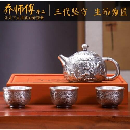 Manual pure silver teapot household 999 silver pot burn blisters gifts tea set a pot of three cups of the teapot